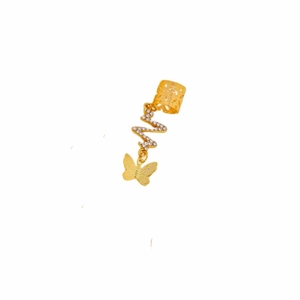 Detail of gold butterfly ear cuff with lightning bolt chain and white rhinestones