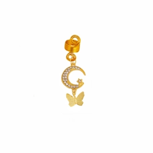 Golden butterfly and moon hair ring charm with sparkling rhinestones for DIY braiding