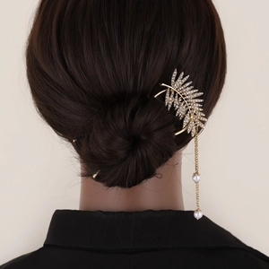Pic à Cheveux Élégant en Alliage avec Feuille en Strass et Gland Künstliche Perle d'Imitation Fourche en U pour Mariage Femmes