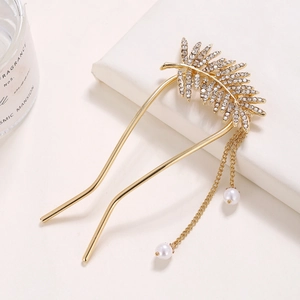 Épingle à cheveux en U dorée avec feuille en strass et chaînes à glands perlés