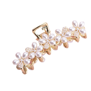 Golden metal hair claw clip with five pearl flower petals and opal accents for women