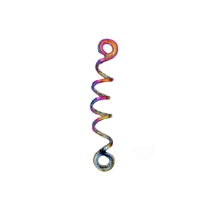 Macro view of rainbow gradient spiral hair pin with celtic knot metallic finish