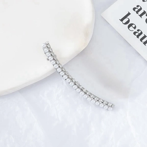 Elegant silver hair clip with rows of white pearls and sparkling rhinestones for women