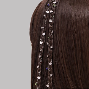 Elegant silver hair chain with colorful gemstones and heart charms braided in hair