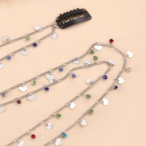 Elegant hair chain with colorful rhinestones and silver heart pendants for braided hairstyles