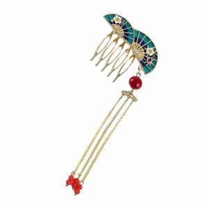 New Chinese style golden fan hair comb with blue enamel and tassel pendant on white background