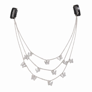Silver multi-layer butterfly hair chain with black snap clips and metal butterfly charms