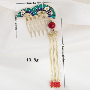 Vintage gold fan hair comb with blue enamel flowers and long tassel chains for women