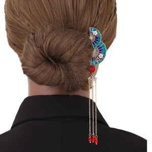 Vintage Chinese Style Alloy Enamel Fan Shaped Hair Comb With Long Tassels Red Beads Women Elegant Hanfu Hair Accessories