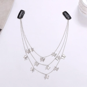 Silver multi-layer butterfly tassel hair clips with black BB pins in punk vintage style