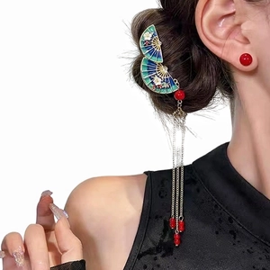 Classic Chinese style folding fan hair comb with enamel finish and long gold tassels
