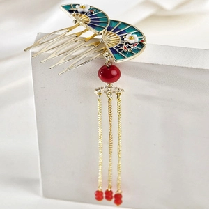 Elegant Chinese fan hair comb with blue enamel finish and long golden tassels