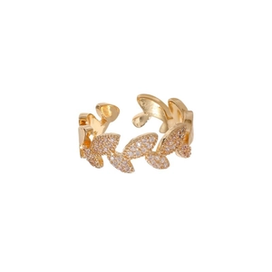 Adjustable gold plated olive leaf ring with cubic zirconia stones for women