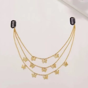 Three-layer butterfly tassel hair chain with golden butterfly pendants and black BB clips