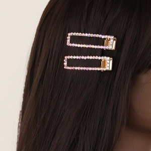 Rectangle hair clips set with sparkling AB rhinestones and gold base for women