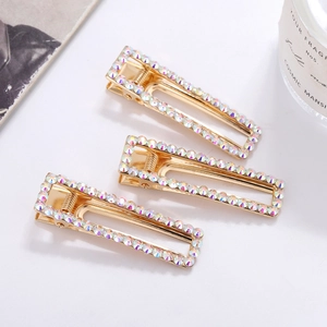 Korean Style AB Rhinestone Rectangle Hollow Alloy Hair Clip Gold Electroplated Geometric Duckbill Side Clip For Women Fashion Accessories