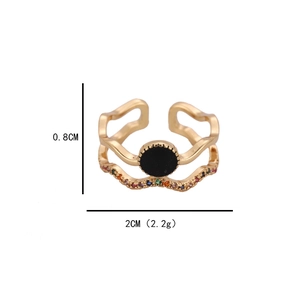 French vintage double-layered wave ring with colorful cubic zirconia and black center stone