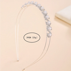 Elegant silver bridal headband with dual-row rhinestones and white pearls, 39cm circumference