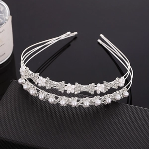 Elegant Bridal Flower Bowknot Headband Double Layer Alloy Rhinestone Imitation Artificial Pearl Hair Hoop For Wedding Party Women Jewelry