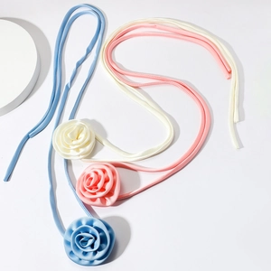 Elegant satin camellia flower choker necklaces in blue, pink, and creamy white colors