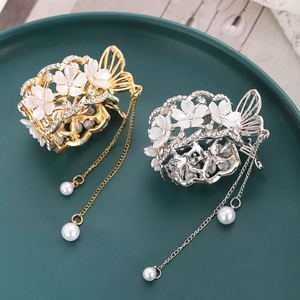 Pince à Cheveux Élégante Fleur Papillon Avec Gland de Künstliche Perles Strass Alliage Pince à Cheveux Or Argent Accessoires de Cheveux pour Femmes