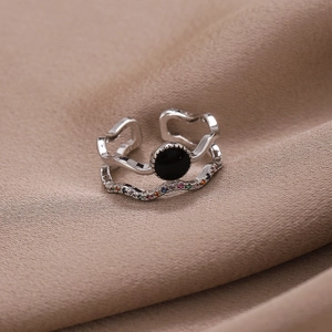 Double-layered wavy open ring with black gemstone and colorful zircon accents