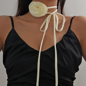 French Style Satin Camellia Flower Choker Necklace Elegant Ribbon Tie Long Wrap Necklace For Women Party Wedding Fashion Accessory