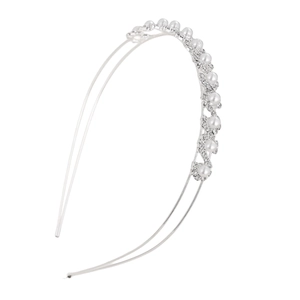 Detail of double-layer silver bridal headband with lustrous pearls and sparkling rhinestones