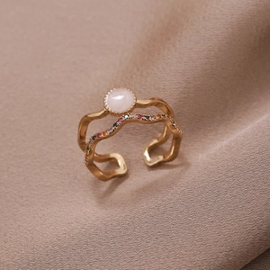 French vintage double-layered wavy gold ring with pearls, cat eye stones and zircon