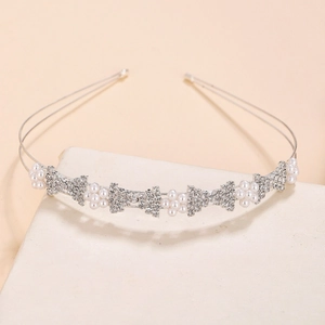 Silver bridal headband featuring double-row rows of elegant faux pearls and sparkling rhinestones