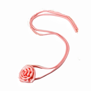 Pink satin rose choker necklace with long ribbon ties for women in vintage style