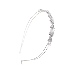 Elegant silver double-layer headband featuring white pearls and sparkling crystal bow motifs
