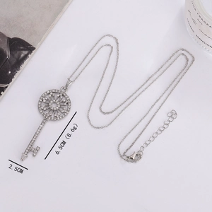 Retro Roman key pendant necklace with white crystals and adjustable silver-plated chain