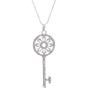 Vintage silver key pendant necklace with sparkling rhinestones and radial hollow pattern
