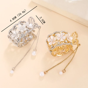 Pinces à cheveux fleurs perles blanches avec franges en or et argent pour femme
