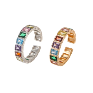 Anello aperto arcobaleno in argento e oro con zirconi rettangolari colorati incastonati
