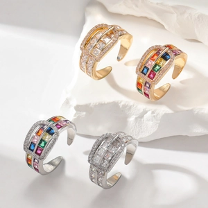 Luxury Copper Zirconia Buckle Open Ring For Women Adjustable Rainbow White Stone Inlaid Electroplated Fashion Jewelry