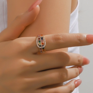 Elegant 18K gold-plated rainbow zircon ring with a rectangular diamond-set buckle design