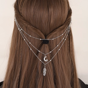 Chaîne Cheveux Bohémienne Multicouche Gland Lune Étoile Plume Pendentif Barrettes Vintage Alliage Métallique Clip BB Femme