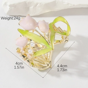 Elegante pinza per capelli a tulipano dorato con petali rosa e accento di perla bianca