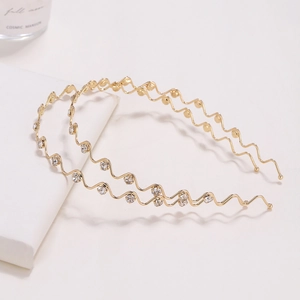 Elegant gold wavy metal headbands with sparkling rhinestones, two-piece minimalist set