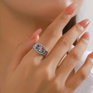 Elegant silver-tone open ring with multi-color square-cut zircons and pavé setting