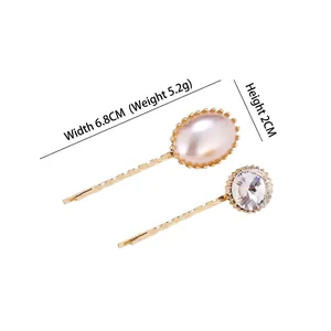 Gold alloy hair clips set with pink faux pearls and clear rhinestones for women
