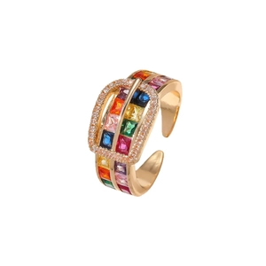 Luxury gold adjustable rainbow zircon ring with buckle design and colored gemstones
