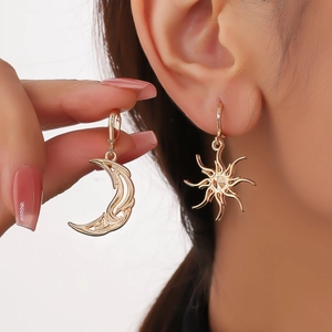 Asymmetric Sun Moon Alloy Drop Earrings Stainless Steel Post Celestial Hollow Design Gold Silver Black Rhinestone Star Moon Earring
