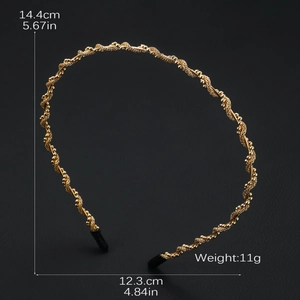 Detailed dimensions of the twisted gold metal headband with sizing and weight specs