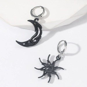 Minimalist asymmetric sun and moon drop earrings in sleek black and silver finish