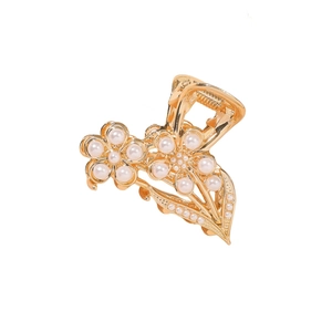 Pince à cheveux vintage en métal doré avec motif de fleur en perles blanches