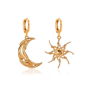 Minimalist asymmetric sun and moon hoop earrings in polished gold hollow design