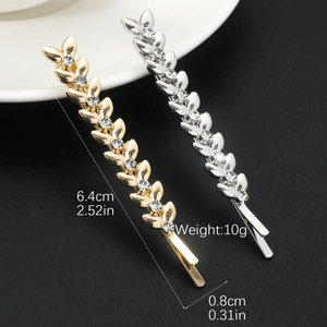 Leaf hair clips set with sparkling rhinestones in gold and silver finish, 6.4cm length